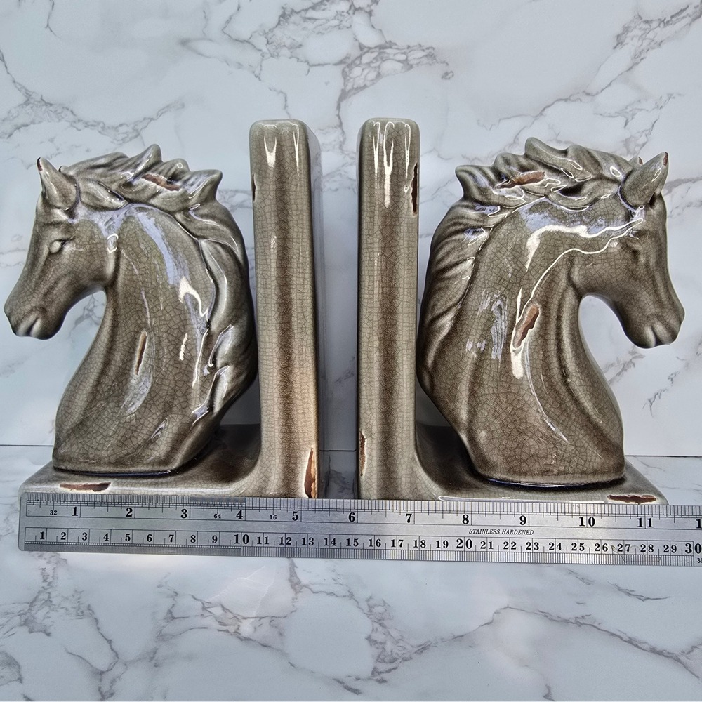 Vintage MCM Ceramic Horse Head Bookends Crackle Glaze Equestrian Decor Set - Picture 14 of 15